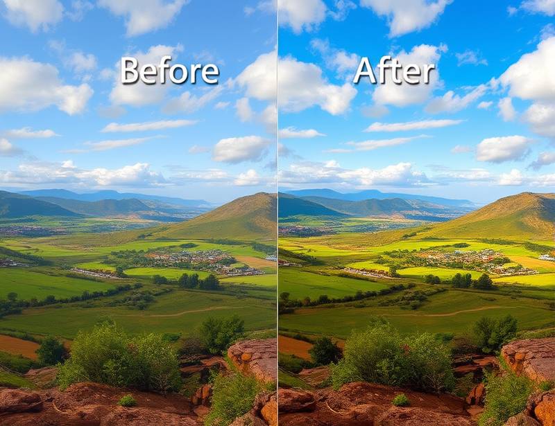 A before and after photo editing example showing a landscape image transformed with enhanced colors, dynamic range, and clarity, showcasing Alistair's editing skills.