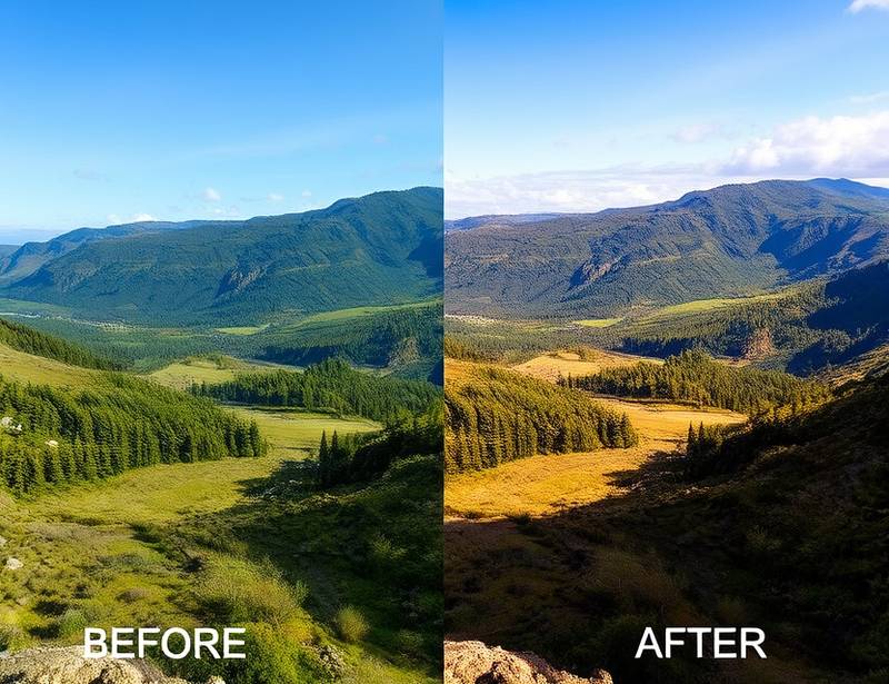 A split image showcasing a landscape photo before and after professional photo editing, highlighting the dramatic improvement in color, detail, and overall impact.
