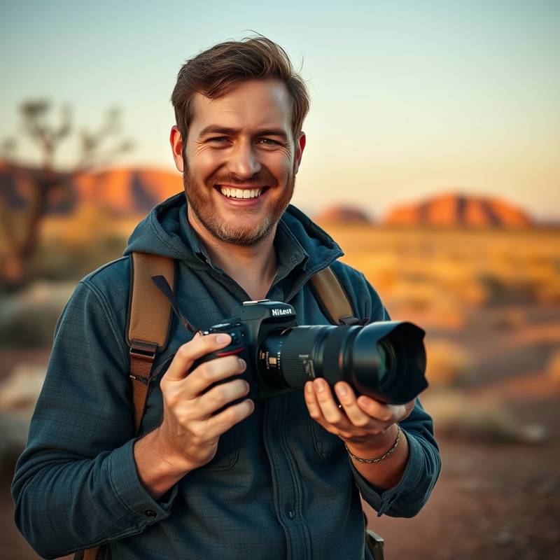 Alistair McGregor, a professional photographer with a warm smile, holding a camera in the Australian outback.