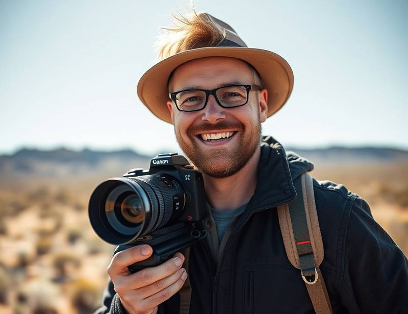 Alistair McGregor, a smiling professional photographer with a camera, standing in front of a stunning outback landscape.