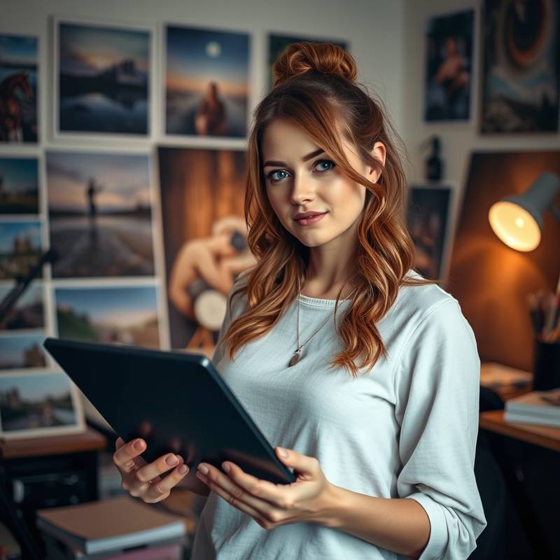 Bronte Callaghan, a creative digital artist with a tablet and stylus, surrounded by her surreal photo manipulations in a studio.