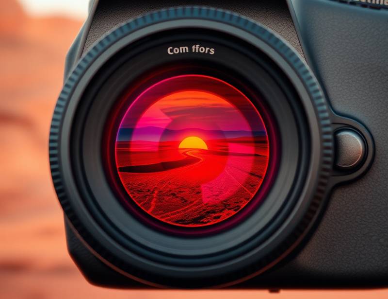 Example of an image with descriptive alt text: A close-up shot of a camera lens focusing on a red earth landscape.